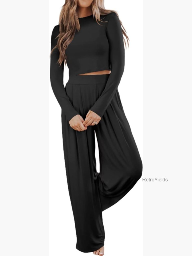 Womens 2 Piece Lounge Set Crop Top Pajama Long Sleeve Loungewear Outfits Soft